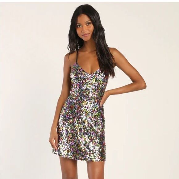 Lulu's NWT Dance Until Dawn Rainbow Multi Sequin Skater Mini Dress sz XS‎ - Picture 1 of 11